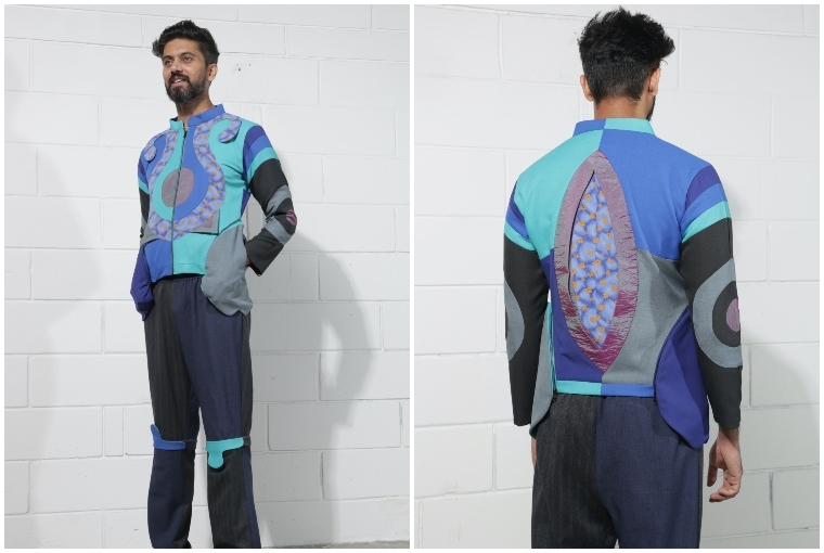 Grandma Would Approve The blue gradient bomber has been constructed using  7 trousers, 1 windcheater and 1 vintage dress
