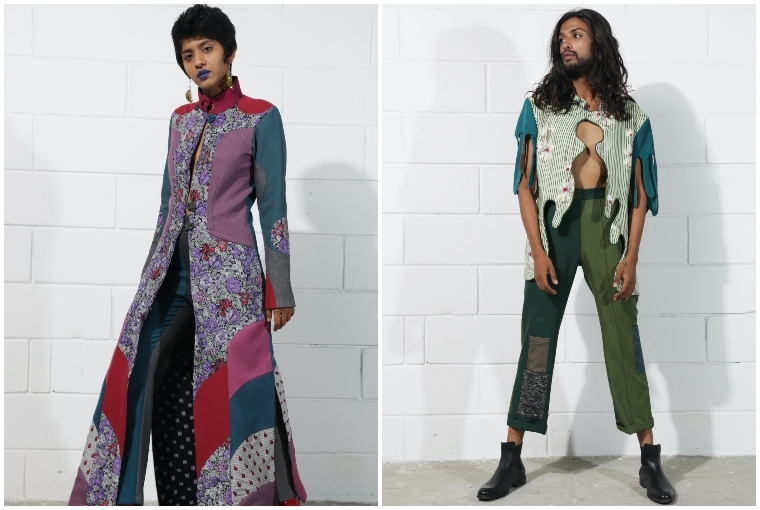 Grandma Would Approve L: The long oriental jacket and trouser set has been constructed using 8 trousers, 2 silk shirts, 1 blazer and 1 vintage dress
