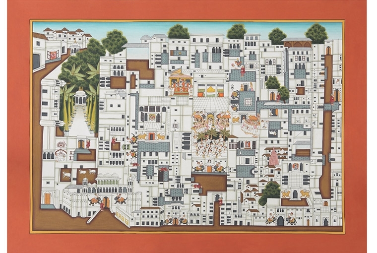 Jagdip Jagpal Various Artists, The Haveli of Shrinathji, 2016, Stone Colour on Basli, 21 X 27 inches (Pichvai Tradition and Beyond)
