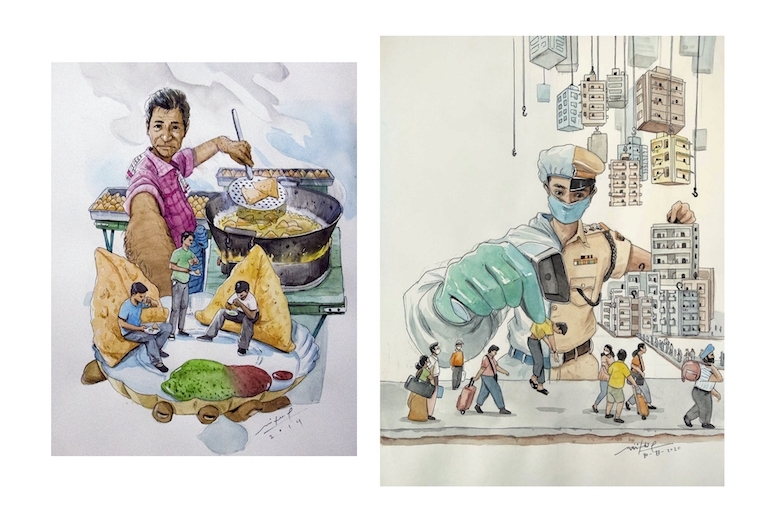 Mithil Thaker L: It's time to eat with a samosa ; R: The true corona protector! Watercolor and pen on paper, 16