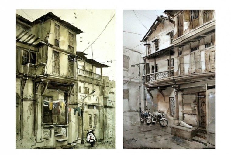 Mithil Thaker L: Dhal Ni Pole ; R: Ahmedabad heritage-I. Watercolor on paper, 11