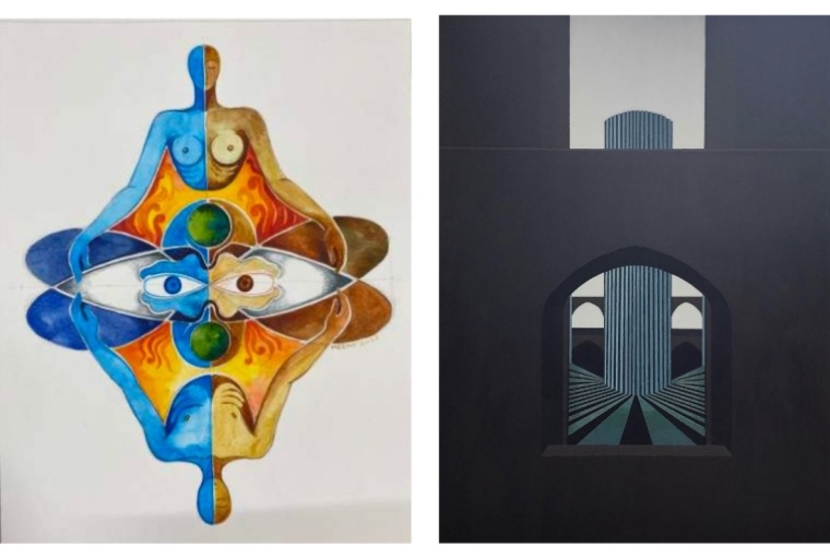 Black Cube Gallery Mirror of the Mind by Meena Sansanwal (left) | Astronomy (Ram Yantra) by Arijoy Bhattacharya (right)