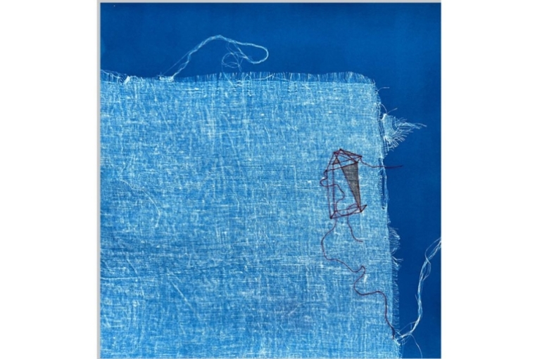 India Printmaker House Jaimini Jariwala, Threads of House, 2024, Cyanotype, Stitch on Paper, 28 x 28 cm