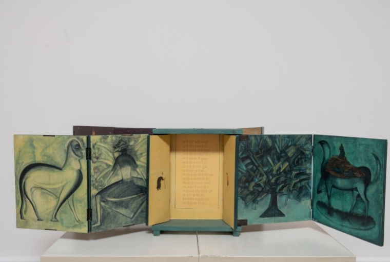 Of Worlds Within Worlds: Gulammohammed Sheikh, A Retrospective Kaavad: Travelling Shrine: Musings and Miscellanies, 2004, Wood painted with gouache, casein, text printed in silkscreen, laminated with melamine