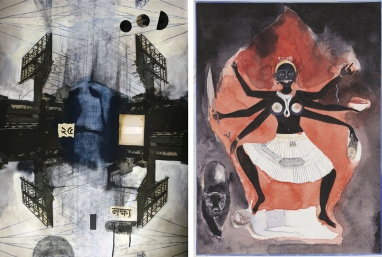 Sheher, Prakriti, Devi Sukanya Ghosh, Lokkho Lokkho (2023). Digital collage with mixed media on paper, 55.8 x 76.2 cm (left) | Emily Avery Yoshiko Crow, Bhrkuti Tara (2020). Watercolour on paper, 22.86 cm x 30.48 cm (right)