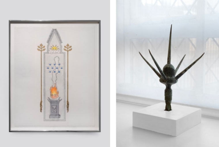 Wari Art Stages its Debut Exhibition in an Airbnb  Evil Seeks a Sign, 2024 by Benjamin Kellogg (left) | Hartman avec Sade, 2023 by Boz Deseo Garden (right)